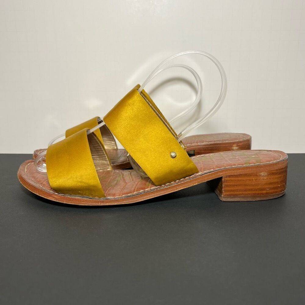 Womens SAM EDELMAN Jeni Gold Satin Block Heeled Sandals / Size 9 Medium - Picture 3 of 8